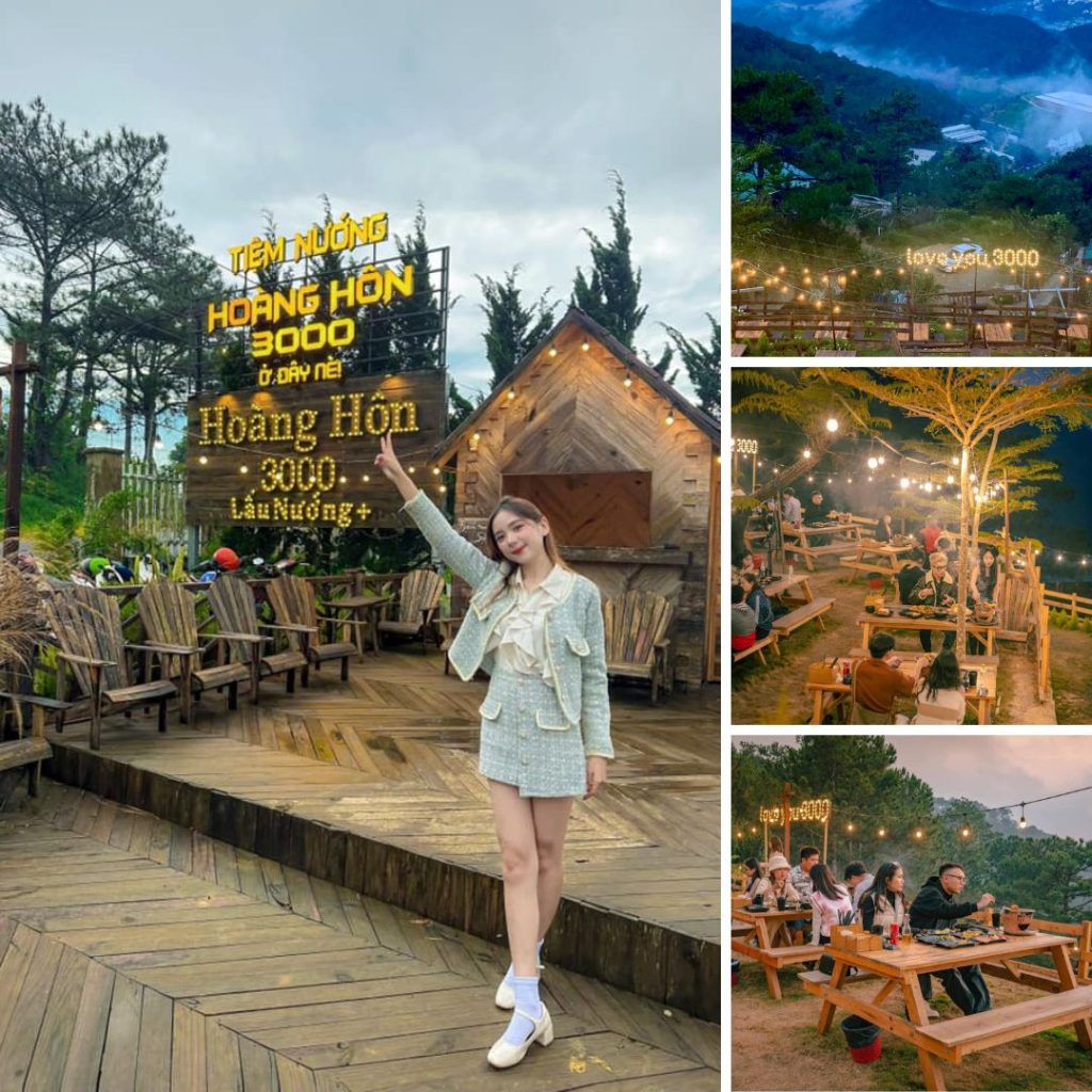 Khi bầu trời tối đêm buông xuống, ánh đèn lung linh dần hiện ra sáng rực giữa rừng thông, không gian của quán nổi bật hơn bao giờ hết