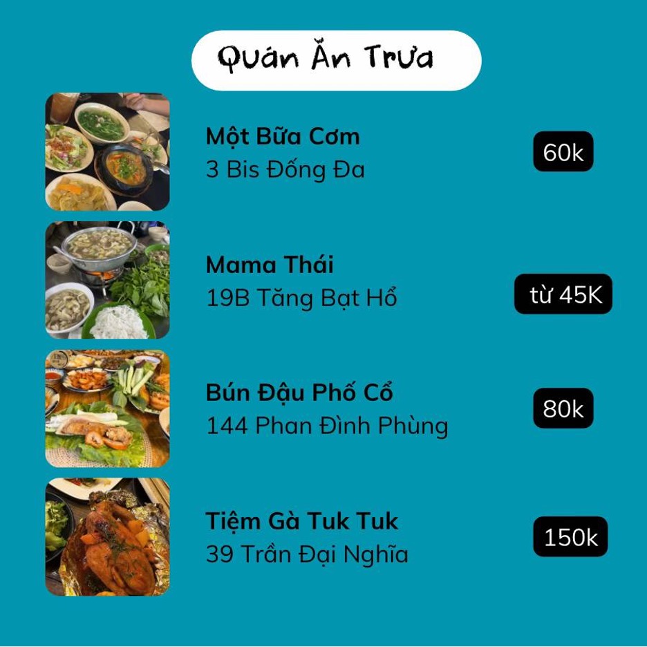Địa chỉ quán ăn ngon Đà Lạt buổi trưa: Một Bữa Cơm, Mama Thái, Gà Tuk Tuk