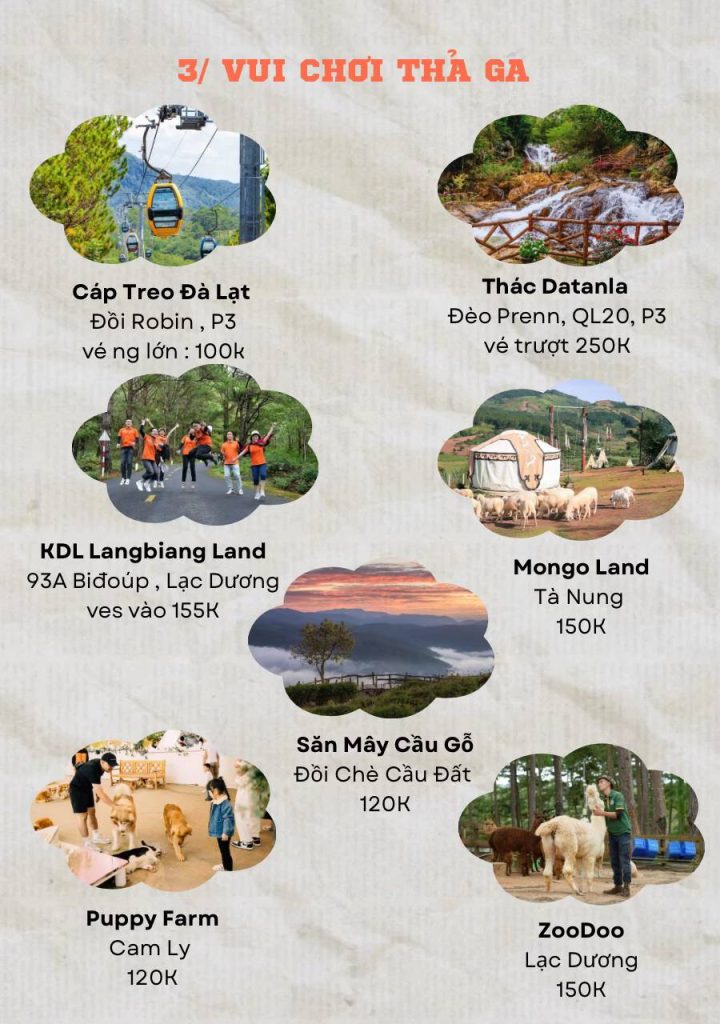 Địa điểm vui chơi nổi tiếng ở Đà Lạt như Thác Datanla, Langbiang, Puppy Farm