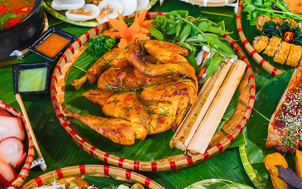 Gà nướng cơm lam- ăn kèm với cơm lam dẻo bùi