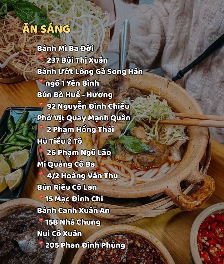 Danh sách quán ăn sáng ngon ở Đà Lạt như Bánh mì Ba Đời, Bánh ướt lòng gà Song Hân, Bún bò Huế – Hương