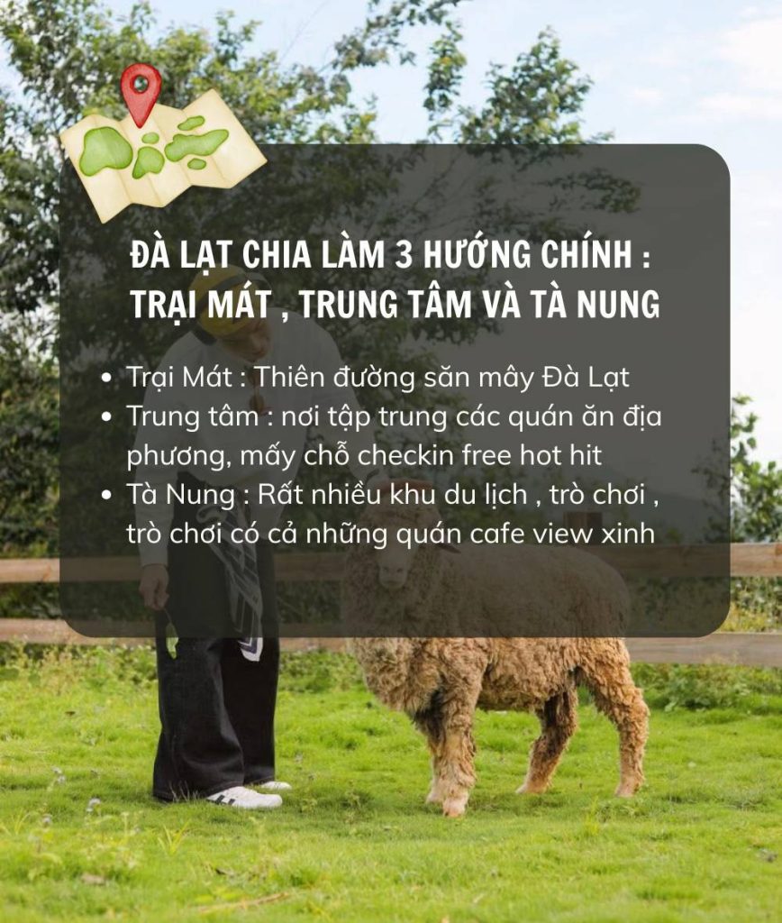 Bản đồ mô tả 3 hướng đi chính ở Đà Lạt: Trại Mát, Trung Tâm và Tà Nung