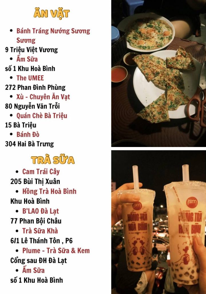 List các quán ăn vặt + trà sữa